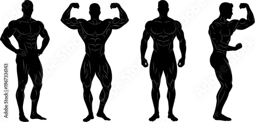Bodybuilding silhouette collection of muscular human poses, flexing arms, fitness training, gym workout, strength exercise, muscle anatomy, sports illustration, bodybuilding icon