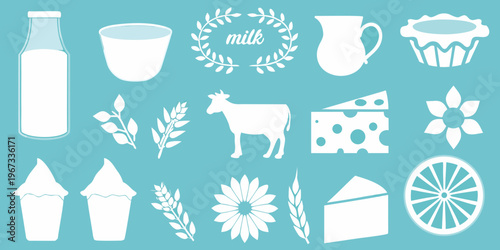 A collection of white dairy products flowers and farm elements