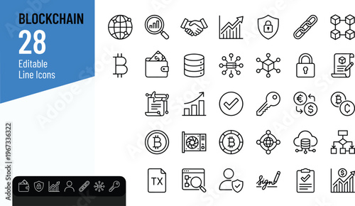 Collection of 28 editable blockchain line icons in a single image