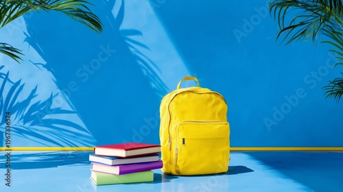 Bright Yellow Backpack and Stack of Colorful Books on Blue Background in Indo...