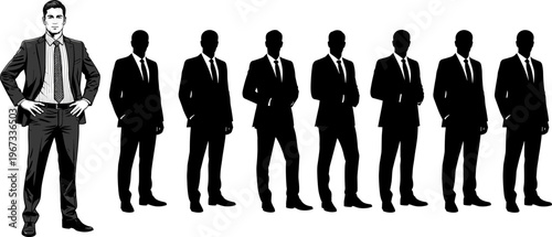 Business suit silhouette lineup, confident leader figure, individuality concept, corporate fashion, professional men, leadership illustration, teamwork posture, office style icon