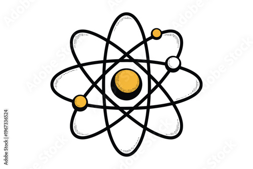 Atomic structure icon with nucleus and electrons orbiting on paths isolated on transparent background science and physics research symbol