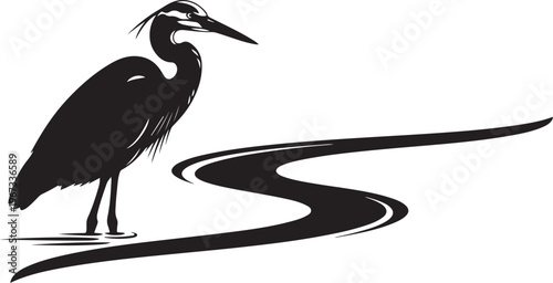 Black heron standing on winding riverbank bird silhouette