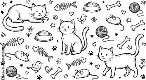 Cute Cats with Food, Toys, Fish Bones, and Stars in Black and White Illustration for Pet, Animal, and Cartoon Designs