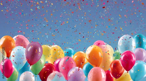 Colorful Balloons Float in a Sunny Sky With Confetti Falling During a Festive...