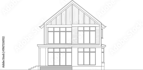 Modern family home architectural vector illustration featuring two story house design with gabled roof and large windows in line art style