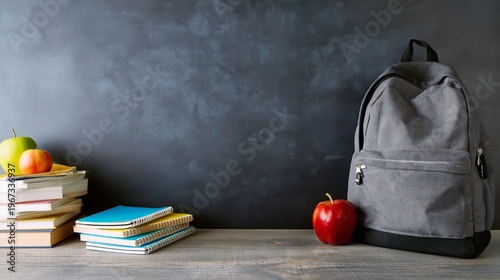 School Backpack With Stationery and Notebooks on a Wooden Table in a Classroo...