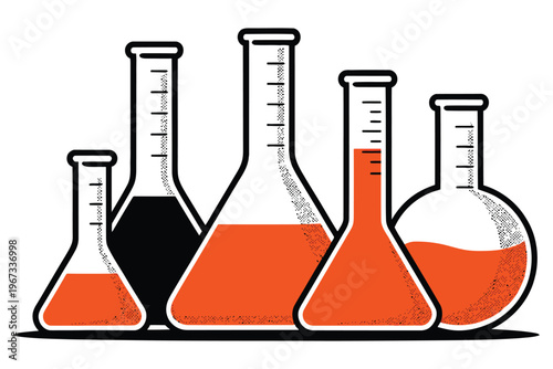 Collection of various laboratory beakers and flasks with orange and black liquids, science and chemistry research concept