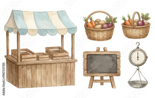 Farmers market stall with vegetable baskets blackboard and scale icons.