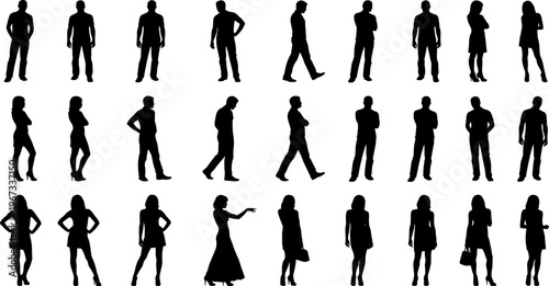 Collection of human silhouettes, standing poses, diverse stances, body language illustration, casual clothing styles, walking figures, handbag accessory, simplified shadow artwork