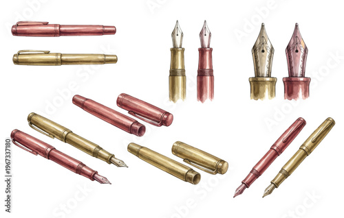 Luxury fountain pen collection with gold and rose metal nib details.