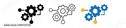 Networked gears icon set. settings, process, automation, integration, system, engineering, teamwork. line, flat and colored vector icon set.