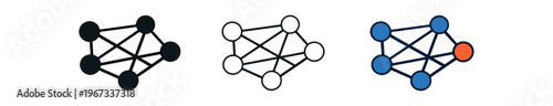 Network nodes icon set. neural network, nodes, connections, graph, data link, mesh, topology, communication, connectivity. line, flat and colored vector icon set.