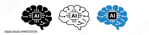 Brain ai icon set. artificial intelligence, ai chip, neural computing, machine learning, cognitive technology, data processing. line, flat and colored vector icon set.