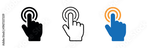 Touch tap hand icon set. touchscreen tap, finger press, pointer, click gesture, ui button, interactive control. line, flat and colored vector icon set.