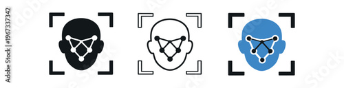 Face recognition icon set. facial recognition, biometric scan, face mapping, identity verification, security camera, detection. line, flat and colored vector icon set.