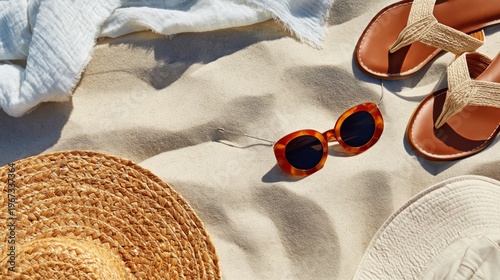 Summer Items on a Sandy Surface With Plants and Shells in Bright Sunlight