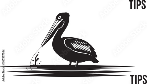 Black pelican standing in water with fish pouring out of beak