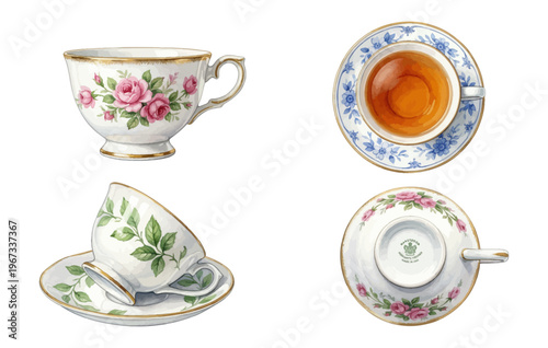 Fotografie Vintage porcelain teacup and saucer set with floral rose pattern design