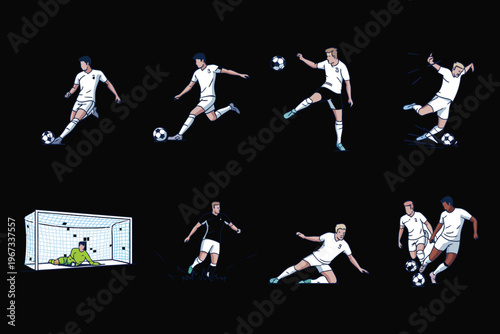 Line art illustrations of male tennis players in action, serving, hitting, and diving for balls