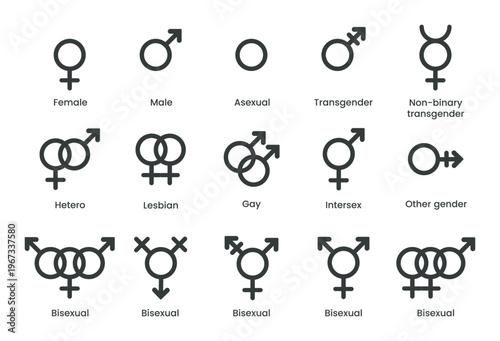A collection of circular gender symbols representing various identities and orientations displayed in a minimalist black silhouette high quality professional detailed modern elegant