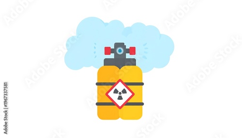 Flat illustration of a yellow pressurized container, releasing a cloud of bluish gas, with a hazard symbol
