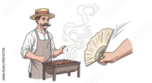 Man grilling food on small grill.