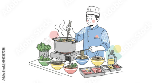 Chef cooking with various ingredients.