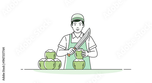 Man in green apron cutting melons.