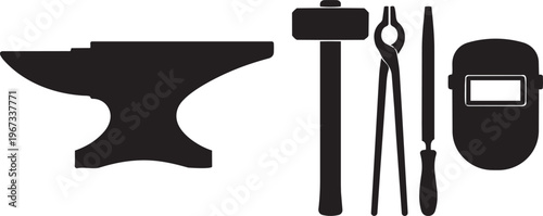 A professional vector illustration set of metal hand tools and business equipment icons designed in a black symbol style for modern technology design concepts on paper or computer