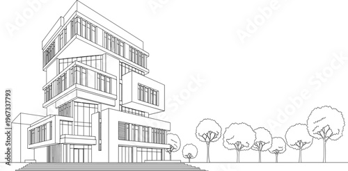Modern architectural building exterior line art vector illustration of a contemporary office complex with trees and urban landscape