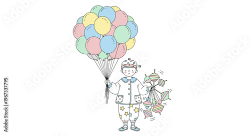 Man holding colorful balloons and stars.