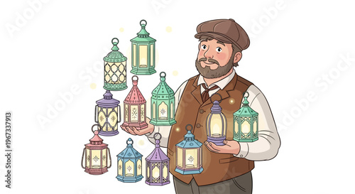 Man Holding Colorful Lanterns in Hand.