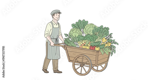 Man pushing wheelbarrow full of vegetables.