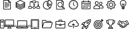 A collection of business and productivity icons in line style