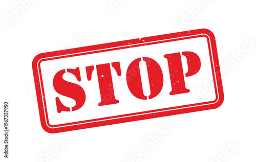 A striking red stamp displaying the word stop in bold capital letters set within a rectangular frame silhouette high quality professional detailed modern