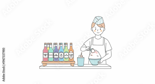 Woman mixing colorful liquids in bowl.