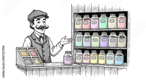 Man selling colorful paint cans.