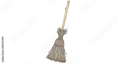 Broom with wooden handle and bristles.