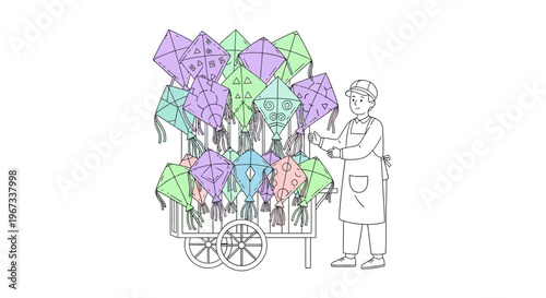 Man selling colorful balloons on cart.