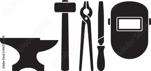 A professional vector illustration set of metal hand tools and business equipment icons designed in a black symbol style for modern technology design concepts on paper or computer