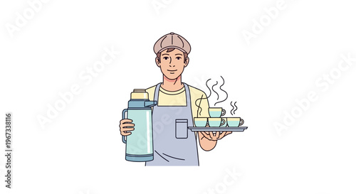 Man holding coffee cup and jug.