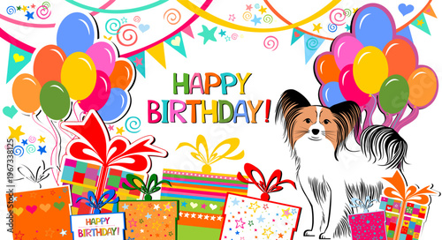 Happy Birthday Banner. Greeting card. Celebration white background with colorful gift box, colorful Balloons, dog, flags and place for your text. Horizontal banner. Greeting, invitation card or flyer