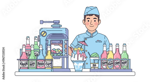 Man serving colorful soda drinks.
