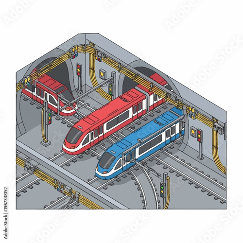 Isometric View of Underground Train System with Red and Blue Trains.