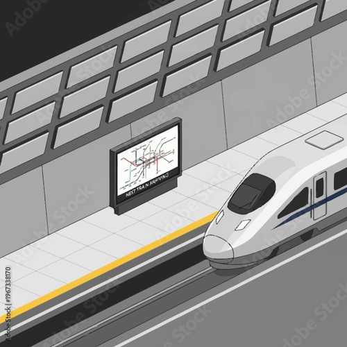 High-Speed Train at Station Platform with Route Map.