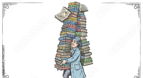 Man wearing blue coat carrying books.