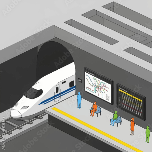 Isometric Train Station Scene with High-Speed Train and Passengers.