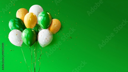 Colorful Balloons and Glitter on a Green Background for a Celebration Event
