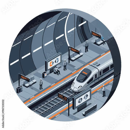 Isometric View of a Modern Train Station with High-Speed Train.